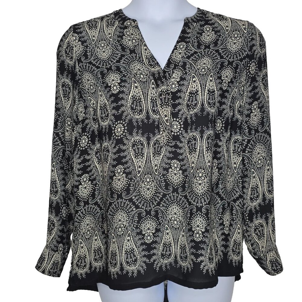 Rose + Olive Womens Top Shirt Large Blouse Paisley Black Cream Boho Long Sleeves